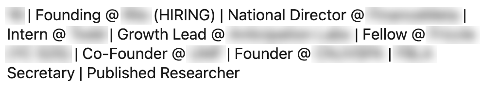 Public high school student LinkedIn headline listing many roles